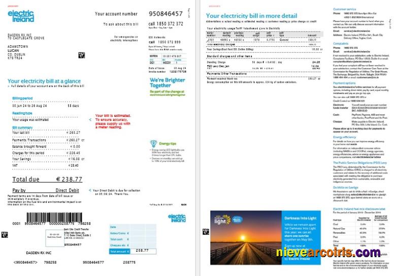 Ireland Electric Ireland business utility bill, 2 pages